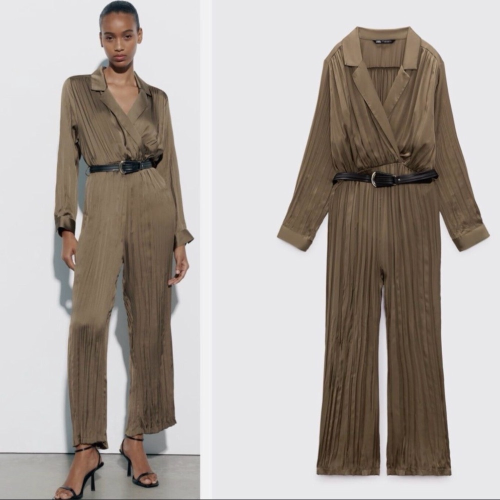 Zara olive satin effect long sleeve palazzo wide leg jumpsuit L